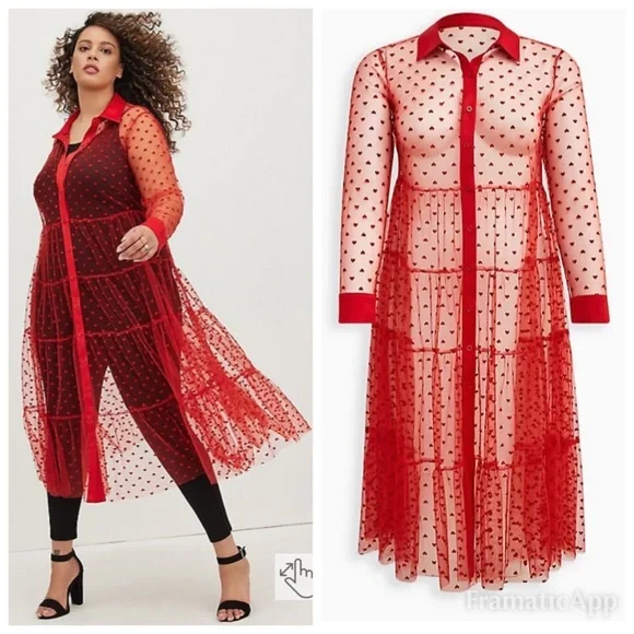 NWT TORRID Kimono - Button Front Mesh Red Hearts - Picture 1 of 9